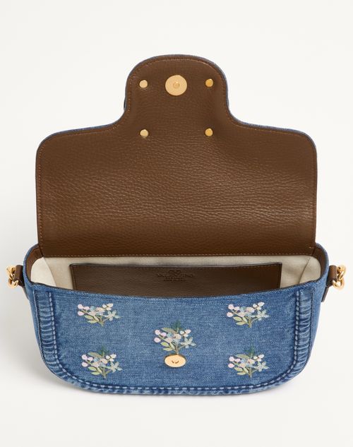 Valentino Garavani - Valentino Garavani Alltime Medium Shoulder Bag In Embroidered Denim With Embroidered Ribbon Strap - Denim - Woman - Shoulder Bags